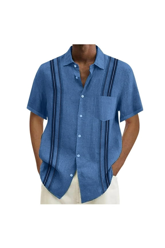 Mens Short Sleeve Guayabera Shirts Linen Cotton Button Down Mexican Embroidered Cuban Wedding Shirt Summer Tops Blue 2XL