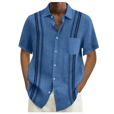Huresd Mens Short Sleeve Guayabera Shirts Linen Cotton Button Down Mexican Embroidered Cuban Wedding Shirt Summer Tops Blue XL