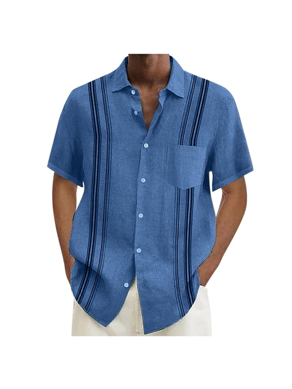 Mens Short Sleeve Guayabera Shirts Linen Cotton Button Down Mexican Embroidered Cuban Wedding Shirt Summer Tops Blue XL