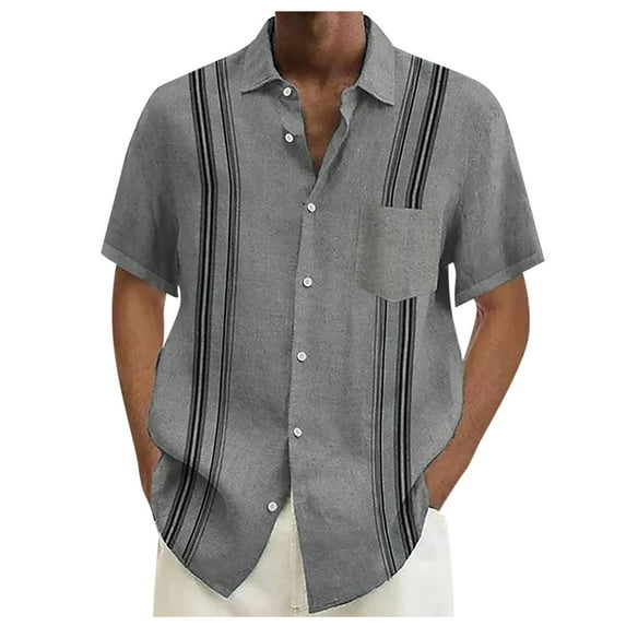Huresd Mens Short Sleeve Guayabera Shirts Linen Cotton Button Down Mexican Embroidered Cuban Wedding Shirt Summer Tops Gray L