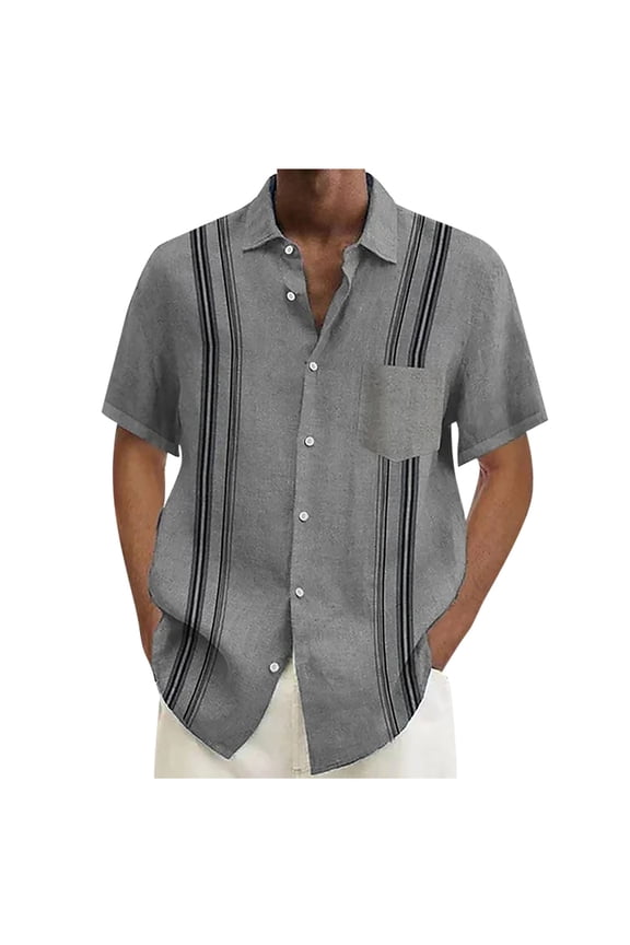 Mens Short Sleeve Guayabera Shirts Linen Cotton Button Down Mexican Embroidered Cuban Wedding Shirt Summer Tops Gray M
