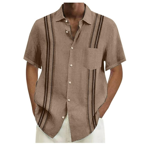 Huresd Mens Short Sleeve Guayabera Shirts Linen Cotton Button Down Mexican Embroidered Cuban Wedding Shirt Summer Tops Khaki L