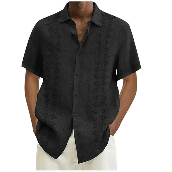 Huresd Mens Short Sleeve Guayabera Shirts Linen Cotton Button Down Shirt Black M