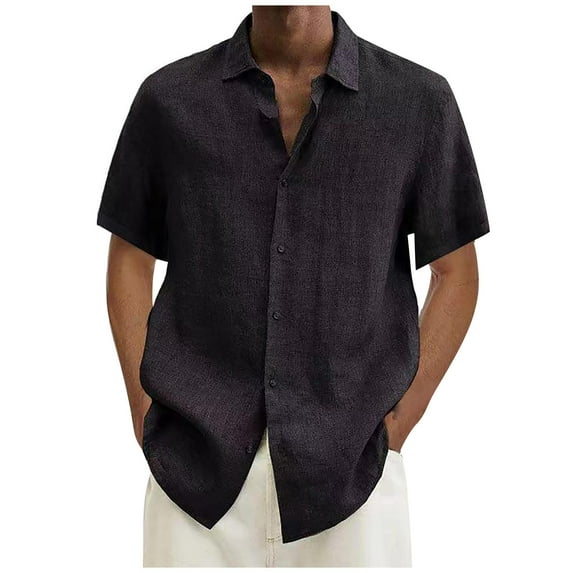 Huresd Mens Short Sleeve Guayabera Shirts Linen Cotton Button Down Shirt Black XL