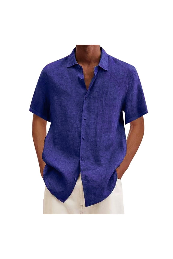 Mens Short Sleeve Guayabera Shirts Linen Cotton Button Down Shirt Blue 2XL