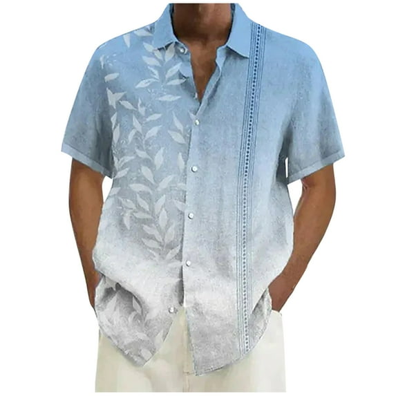 Huresd Mens Short Sleeve Guayabera Shirts Linen Cotton Button Down Shirt Blue L