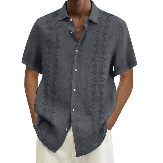 Huresd Mens Short Sleeve Guayabera Shirts Linen Cotton Button Down Shirt Gray L