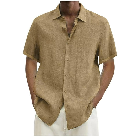 Huresd Mens Short Sleeve Guayabera Shirts Linen Cotton Button Down Shirt Khaki 3XL