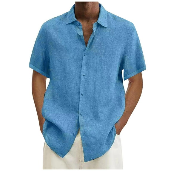 Huresd Mens Short Sleeve Guayabera Shirts Linen Cotton Button Down Shirt Light Blue 4XL