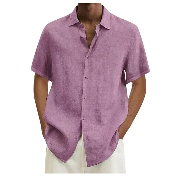 Huresd Mens Short Sleeve Guayabera Shirts Linen Cotton Button Down Shirt Pink L
