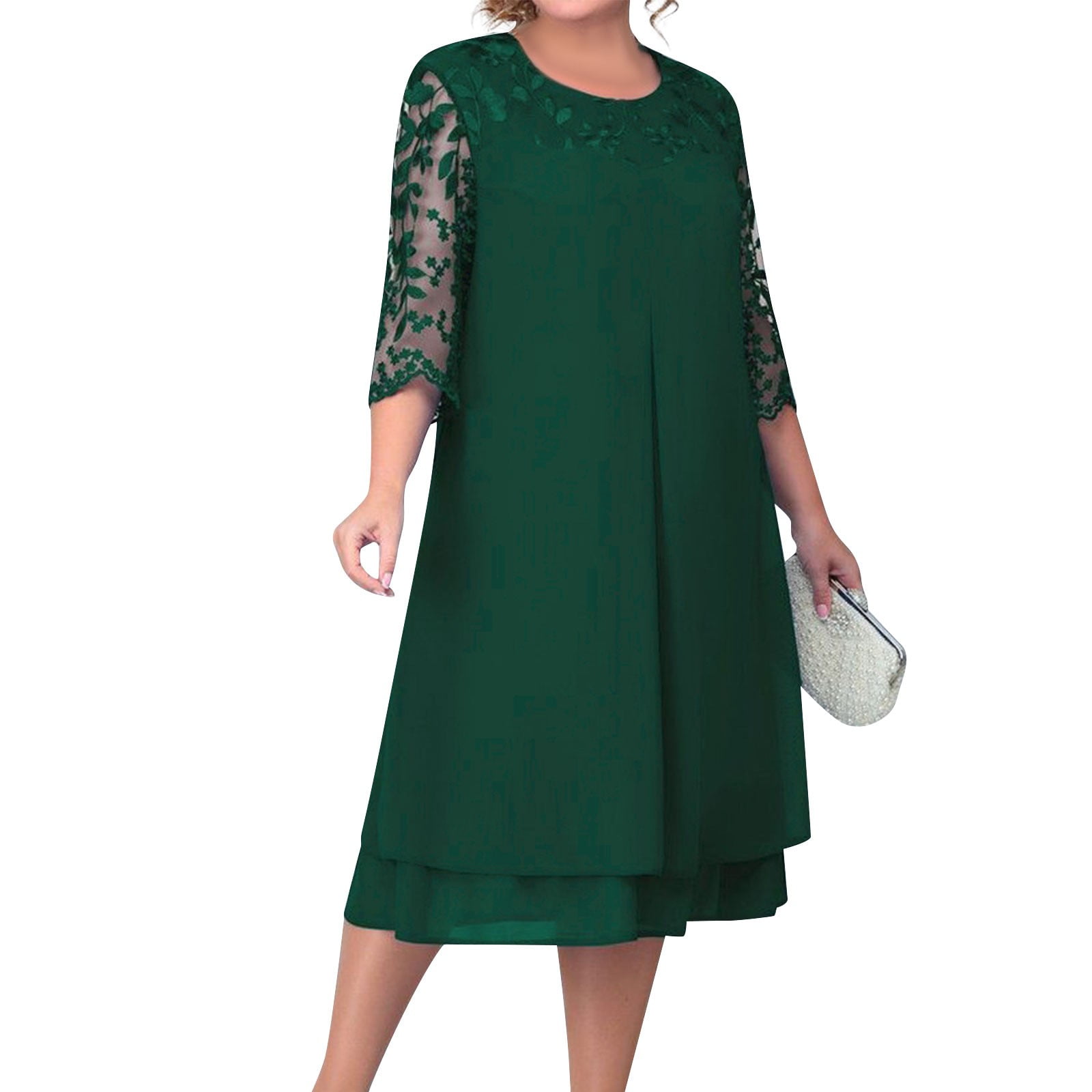 mother of the bride dresses dark green Zapakasa Women Glitter Dark Green Mother Of Bride Dress Mermaid Round Neck  Wedding Guest Dress With Beaded Cape Sleeves