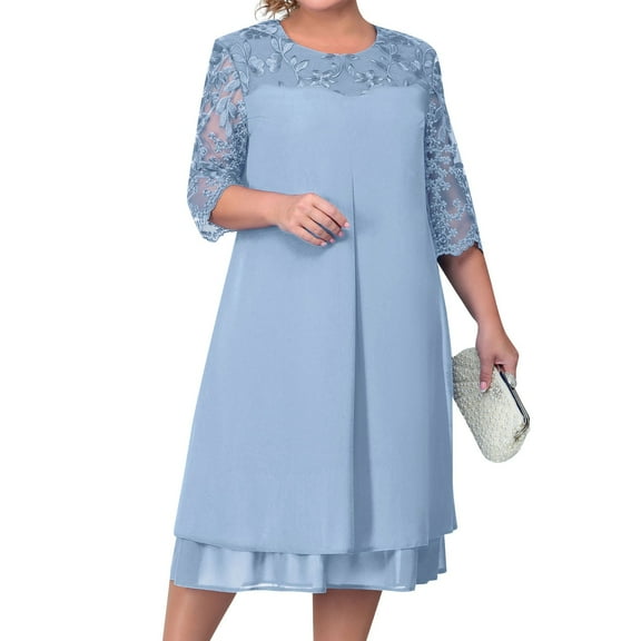 Huresd Mother of The Bride Dress Two Piece Plus Size Formal Evening Party Dress with Lace Jacket Outfits Light Blue 2XL