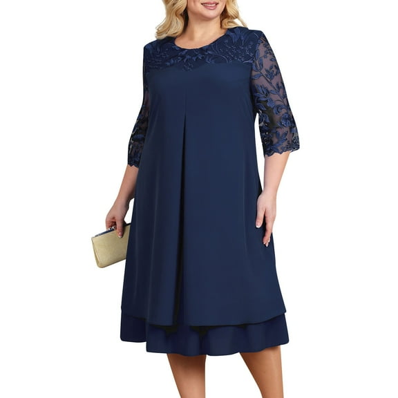 Huresd Mother of The Bride Dress Two Piece Plus Size Formal Evening Party Dress with Lace Jacket Outfits Navy 2XL