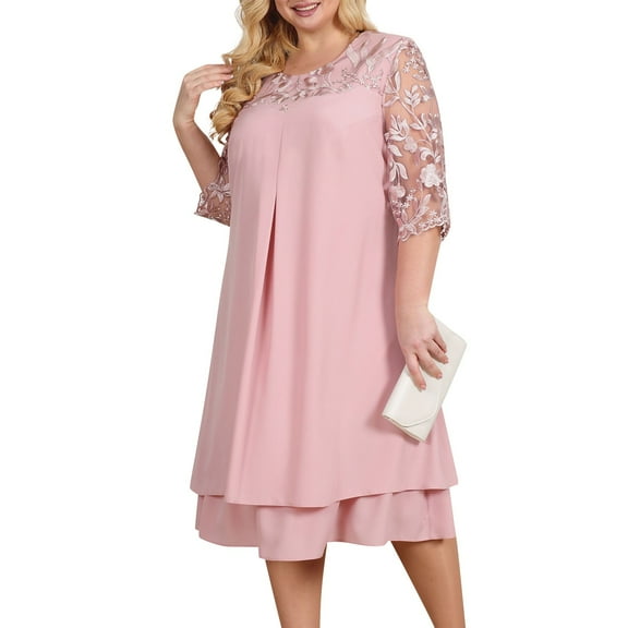 Huresd Mother of The Bride Dress Two Piece Plus Size Formal Evening Party Dress with Lace Jacket Outfits Pink 2XL