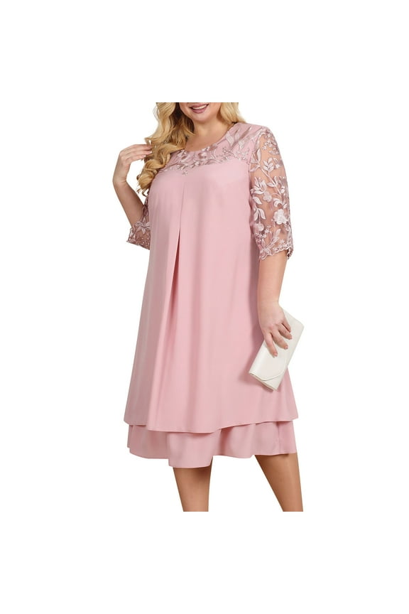 Mother of The Bride Dress Two Piece Plus Size Formal Evening Party Dress with Lace Jacket Outfits Pink XL