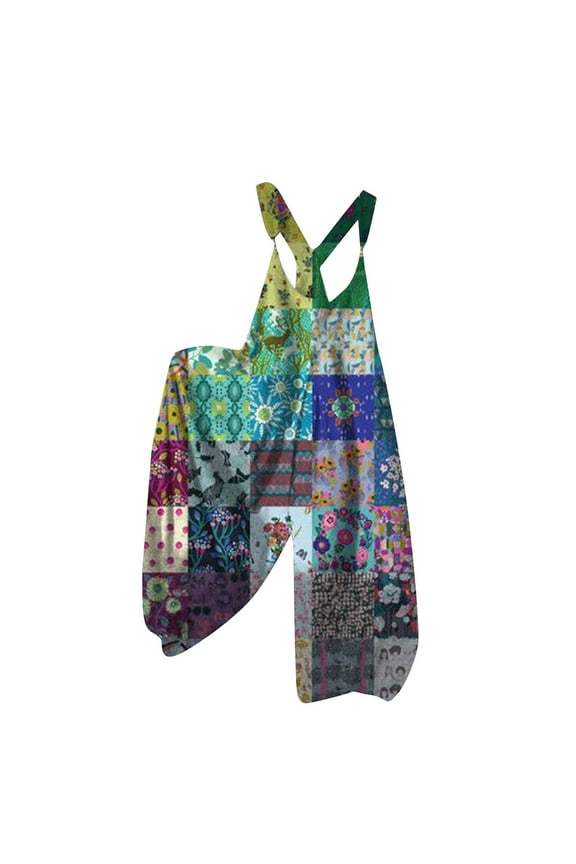 Overalls for Women Wide Leg Backless Suspender Overalls Sleeveless Floral Print Loose One Piece Baggy Overalls Green L