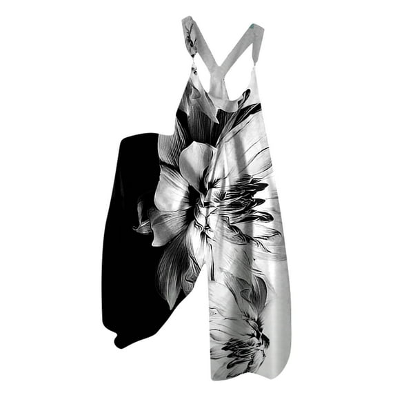 Huresd Overalls for Women Wide Leg Backless Suspender Overalls Sleeveless Floral Print Loose One Piece Baggy Overalls White S