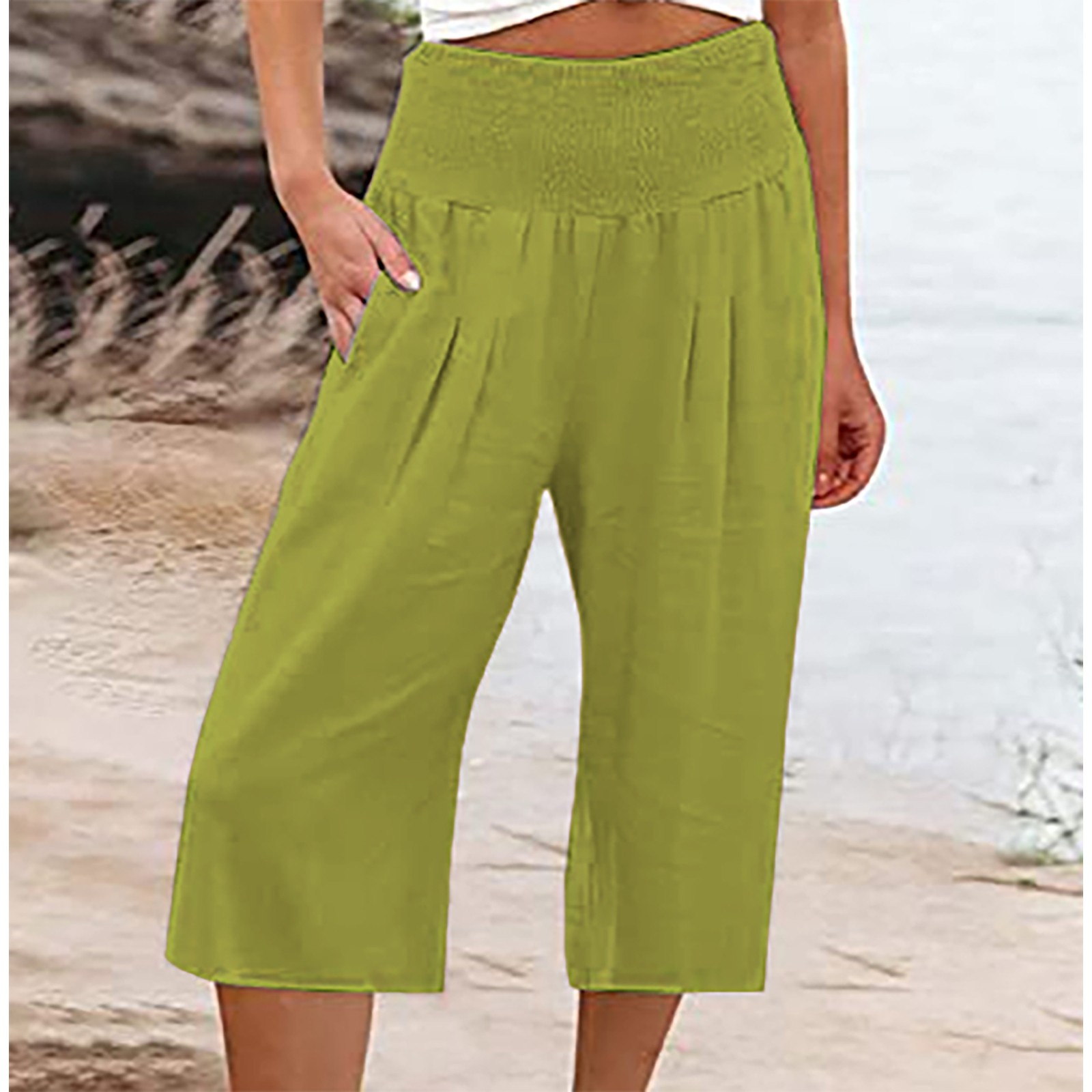 Huresd Petite Capris for Women Petite Length Yoga Workout Solid Color Cotton Linen Elastic Waist Straight Leg Summer Capri Pants Vacation Outfits with Pockets Fluorescent Green L Walmart