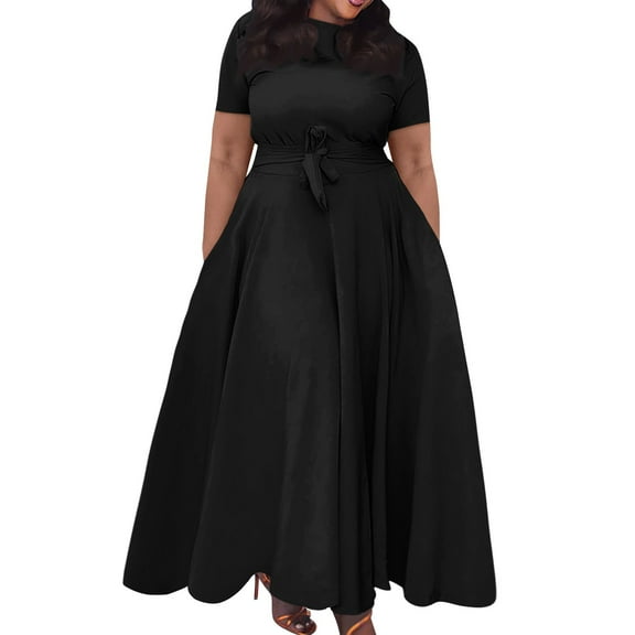 Huresd Plus Size Dresses For Women Crew Neck Short Sleeve Lace up Flowy Swing Pocket T Shirt Dress Solid Color Summer Dresses Black 5XL