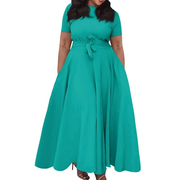 Huresd Plus Size Dresses For Women Crew Neck Short Sleeve Lace up Flowy Swing Pocket T Shirt Dress Solid Color Summer Dresses Cyan 4XL
