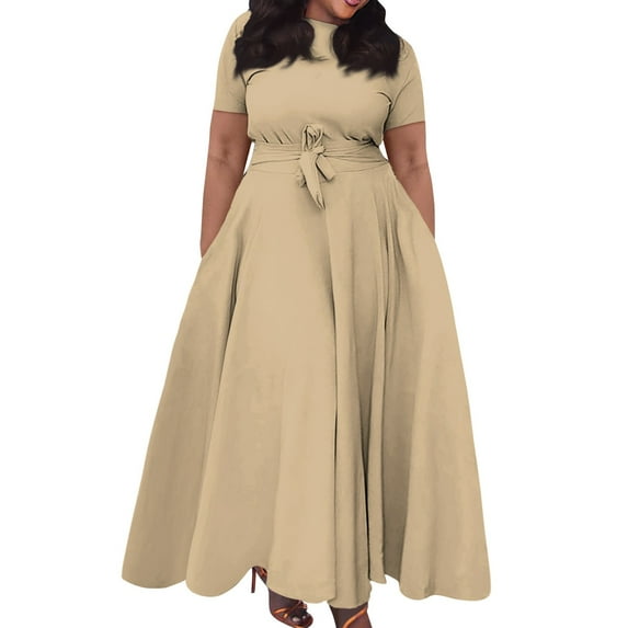 Huresd Plus Size Dresses For Women Crew Neck Short Sleeve Lace up Flowy Swing Pocket T Shirt Dress Solid Color Summer Dresses Khaki 3XL