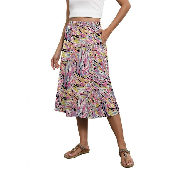 Huresd Skirts for Women Knee Length Boho Floral Skirt High Waist Flowy Skirt A-Line Midi Skirt With Pockets Pink XL