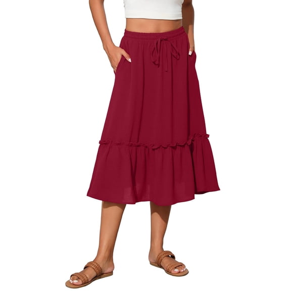 Huresd Skirts for Women Tiered Cotton Linen Skirt High Waist Literary And Retro Midi Skirts for Women with Pockets Wine M
