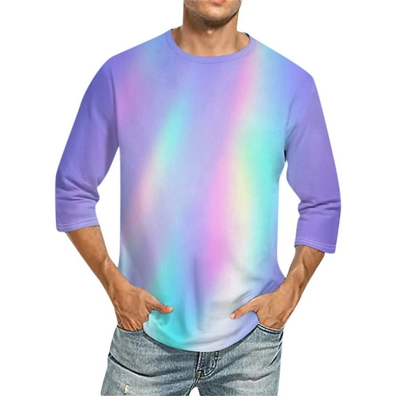 Huresd Summer Shirts for Men 3/4 Sleeve Crew Neck T-Shirt Casual Loose Gradient Print Clothes Light Purple 2XL