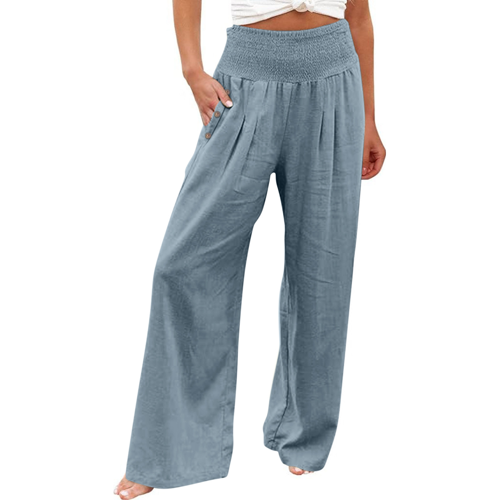 Huresd Wide Leg Pants Woman Smocked Elastic Waist Ruched Loose Flowy Palazzo Lounge Trousers with Pockets Blue 2XL Walmart