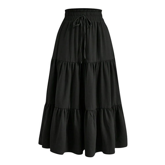 Huresd Women Elastic Waist Ruffle Hem Tiered Midi Skirt Black S