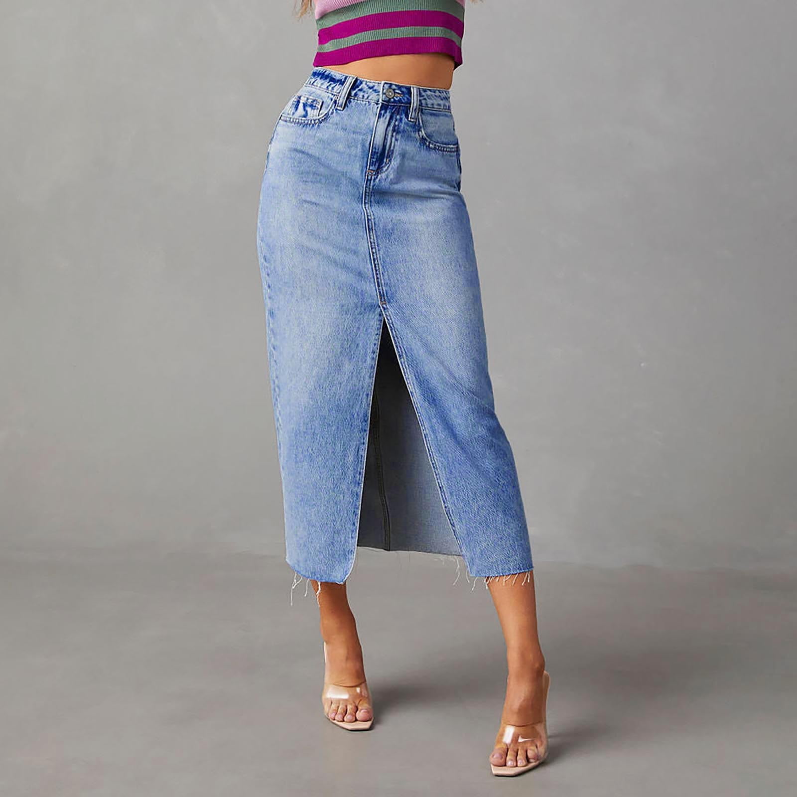 Huresd Women Long Denim Skirt Front Slit Maxi Skirt Y2K Fashion — free download