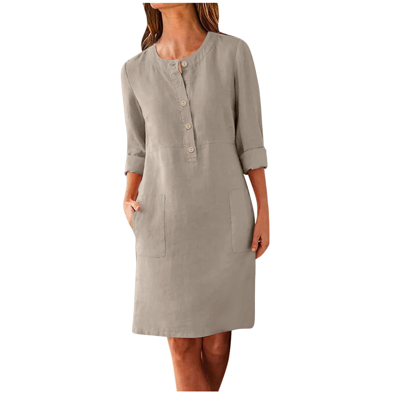 Huresd Women Plus Size Dress Short Sleeve Henley Cotton Linen Button Down Pocket T Shirt Dress Solid Color Knee Length Dresses Khaki M, Women's, Size:, image size:1600x1600