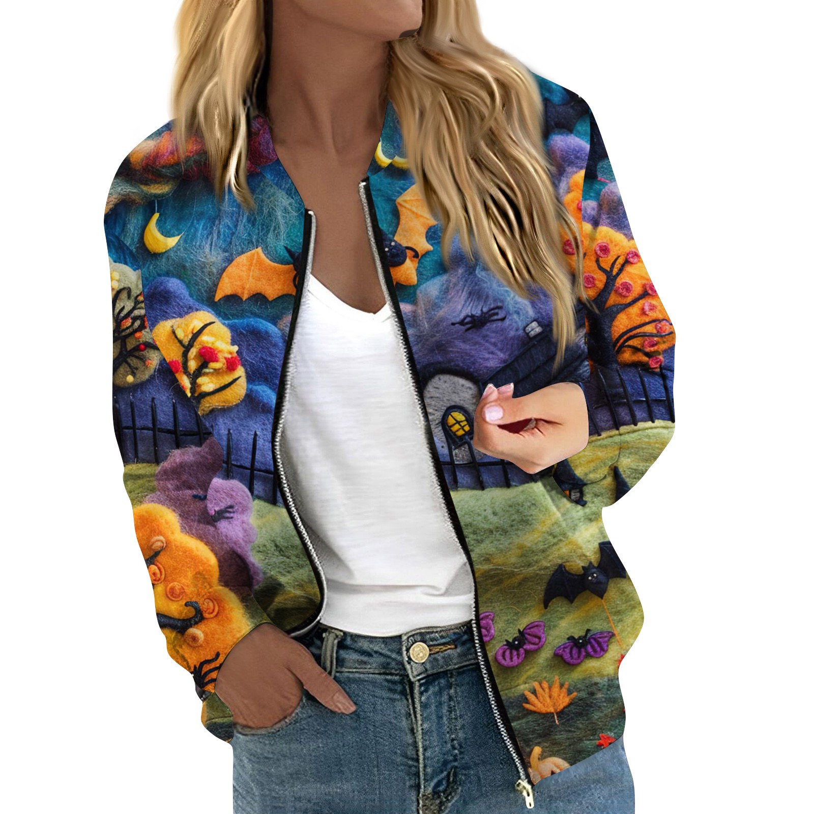 Huresd Women'S Zip Up Jacket Sequin Halloween Bomber Jackets Long