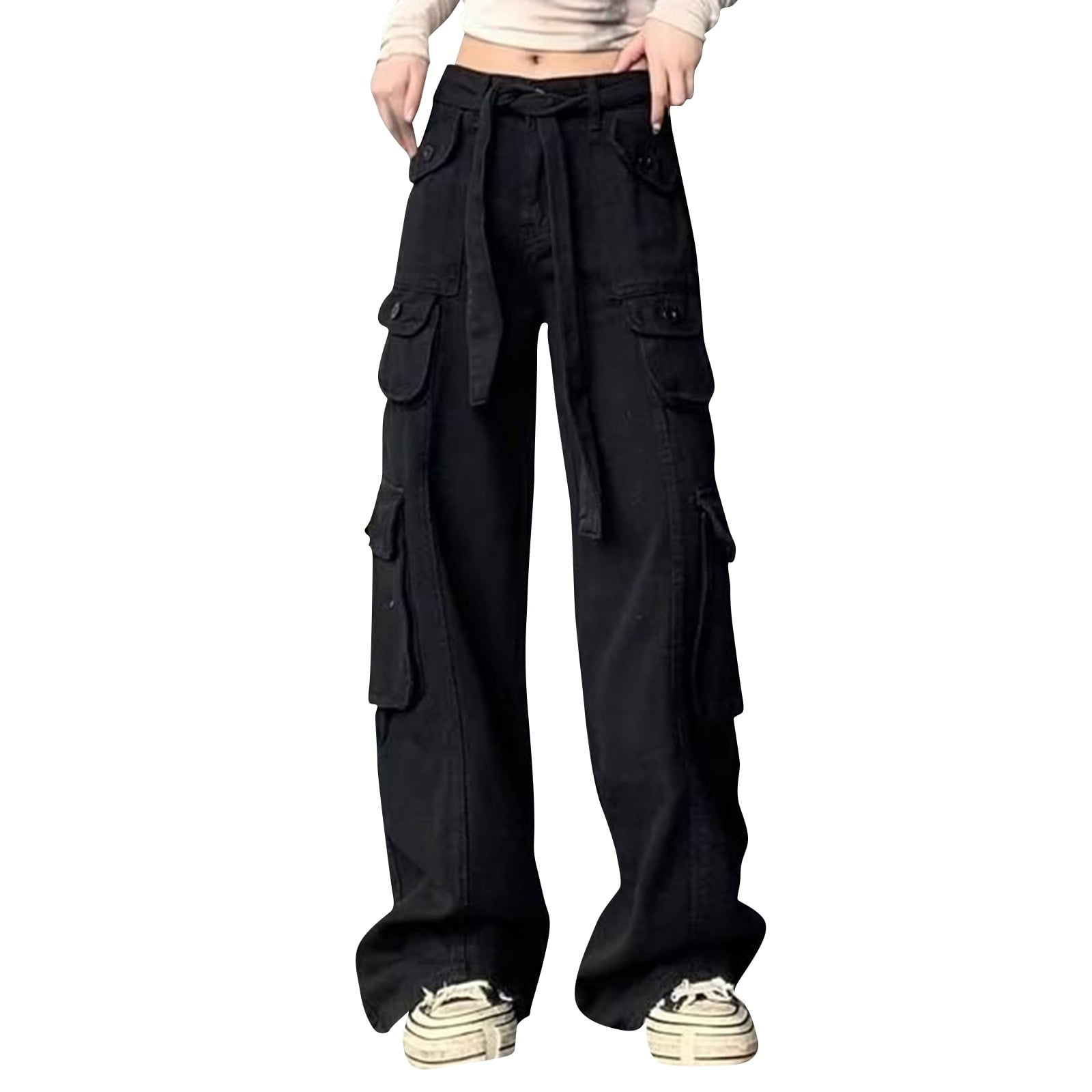 Huresd Women's Casual Cargo Pants Long Cargo Pant High Waist Frayed