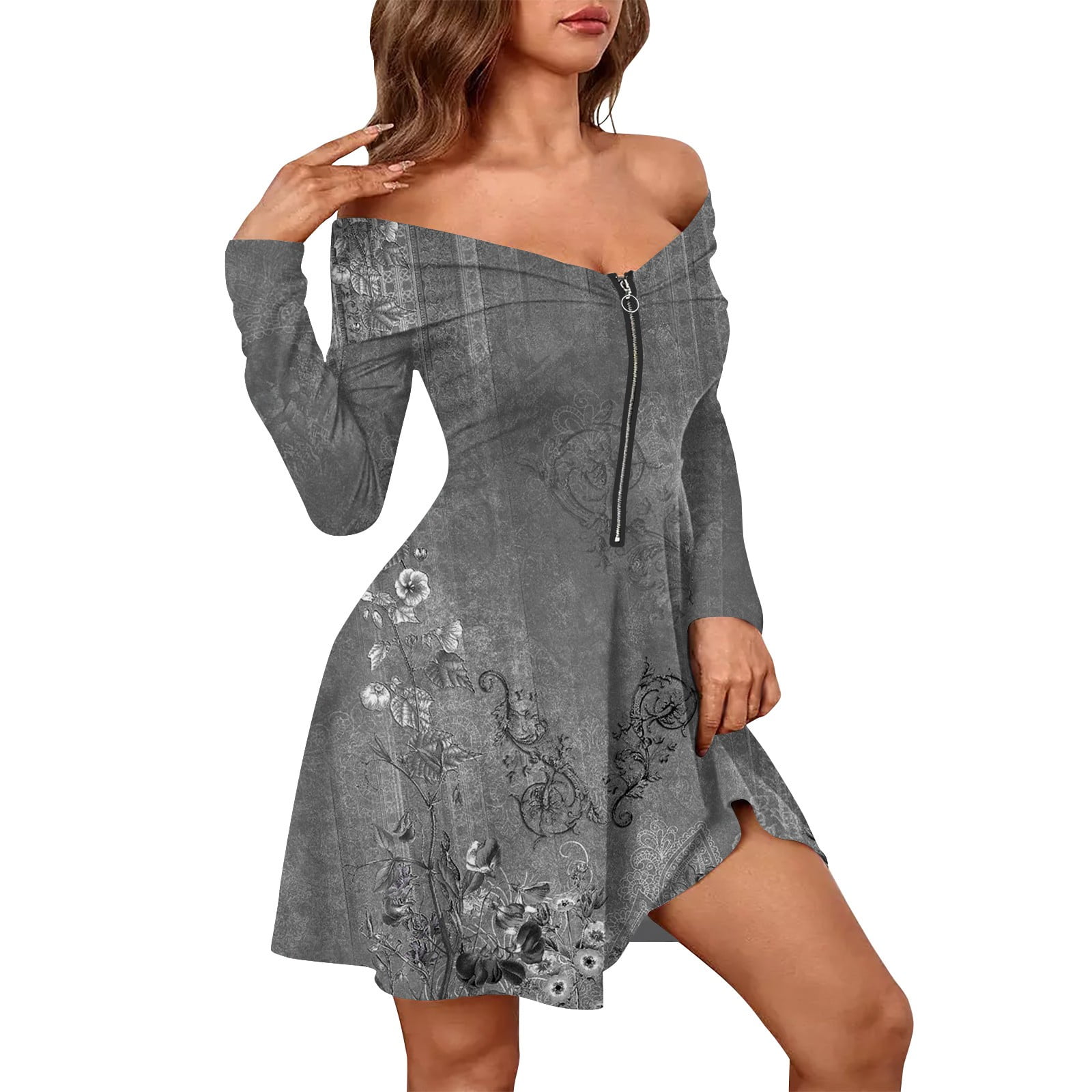 Huresd Women's Mini Off Shoulder Dress Elegant Formal V Neck Zip Up