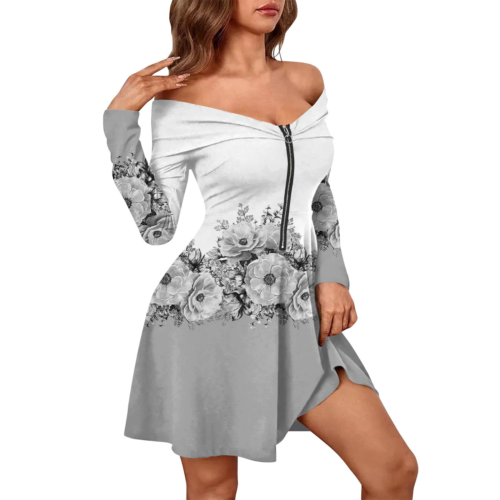 Huresd Women's Mini Off Shoulder Dress Elegant Formal V Neck Zip Up