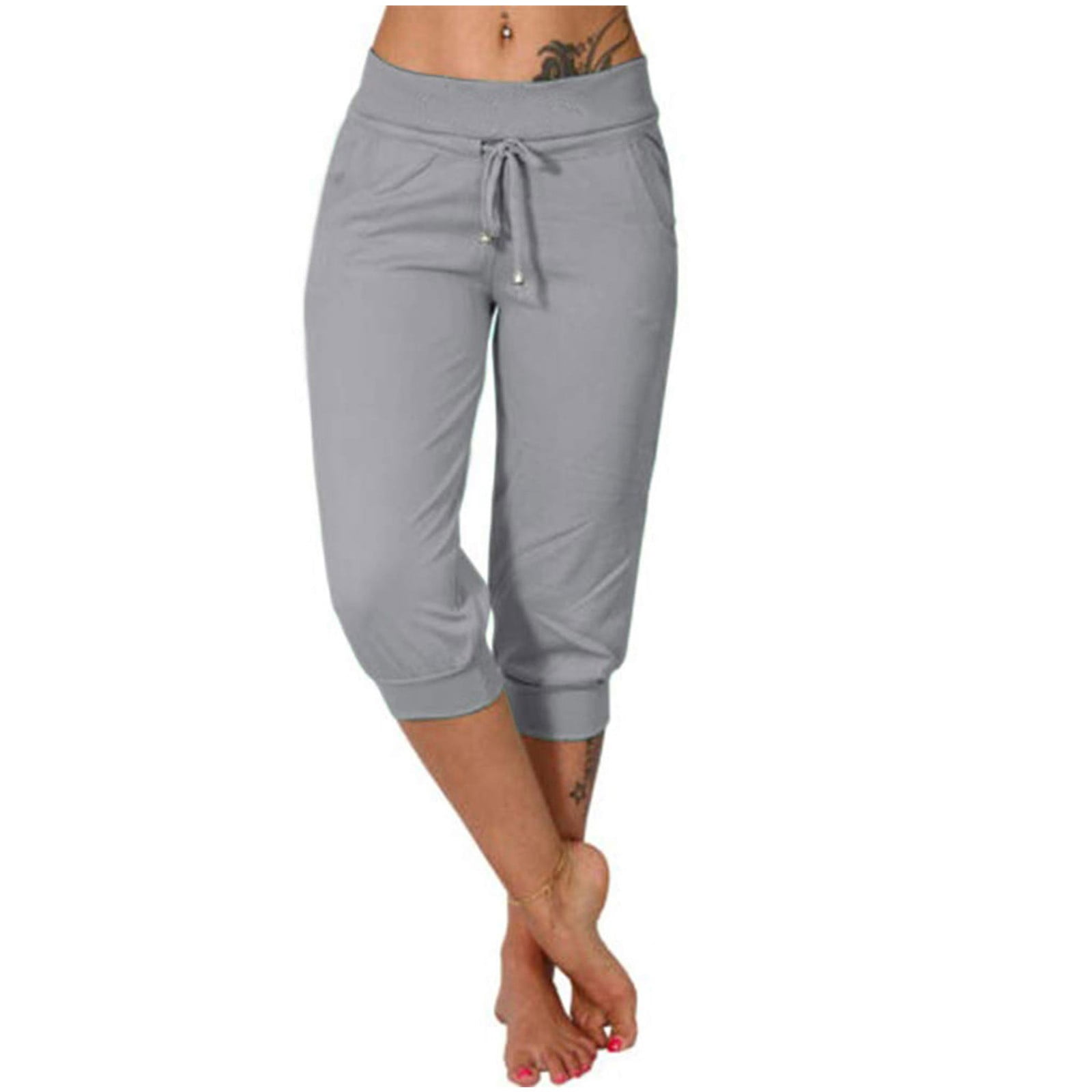 Huresd Women s Pants Cinch Bottom Lace up Running Pants Casual Cropped Solid Capris Gray M Walmart