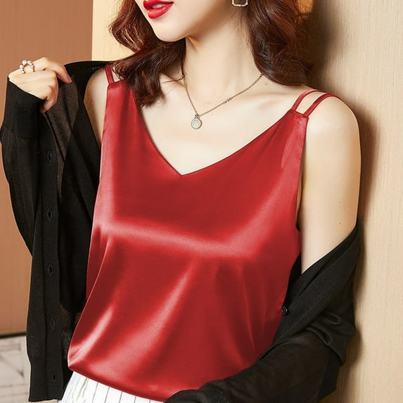 Huresd Women's Silk Tank Top Ladies V-Neck Camisole Silky Loose Sleeveless Blouse Satin Tank Shirt Red 3XL