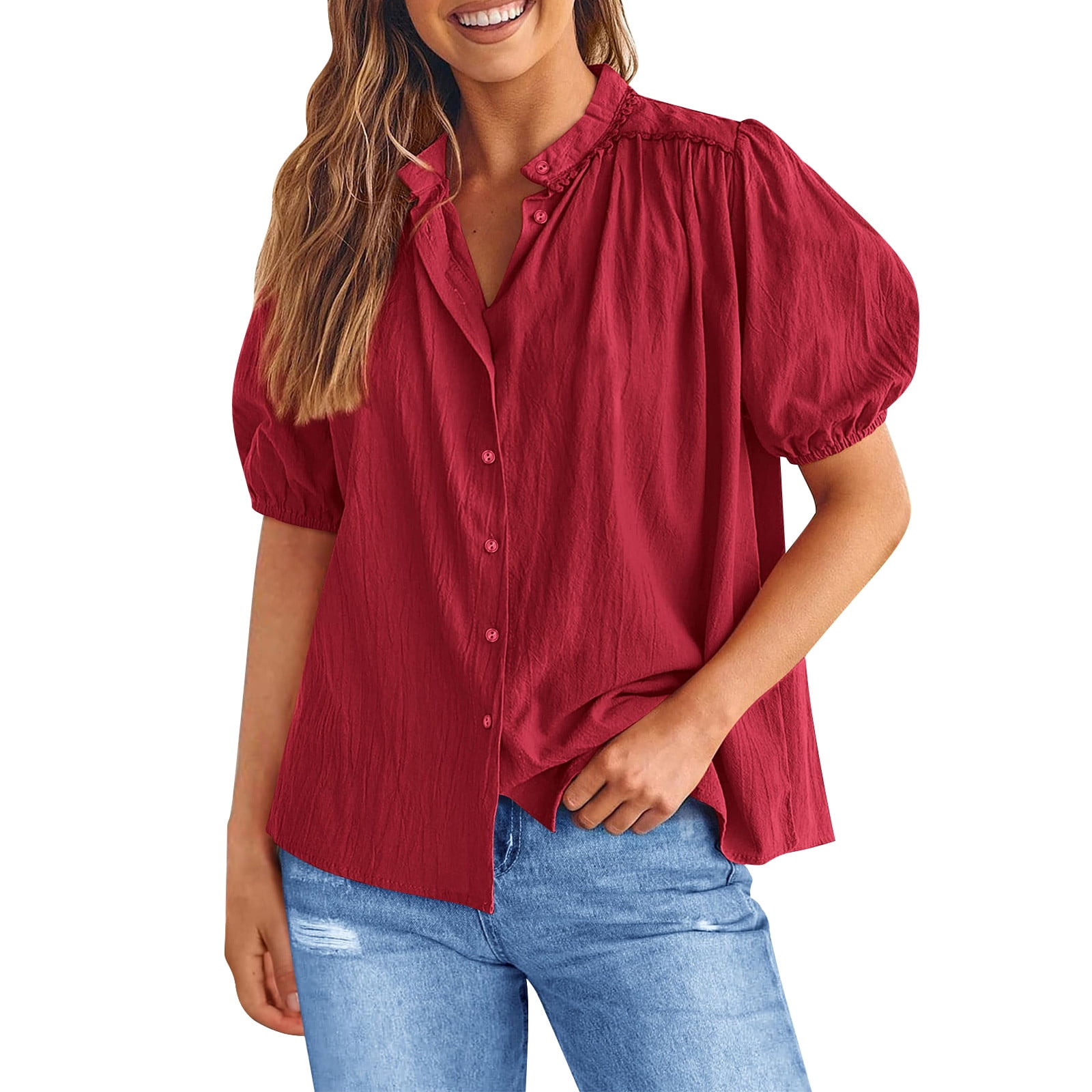 Huresd Women's Summer Button Down Shirts Short Lantern Sleeve V Neck