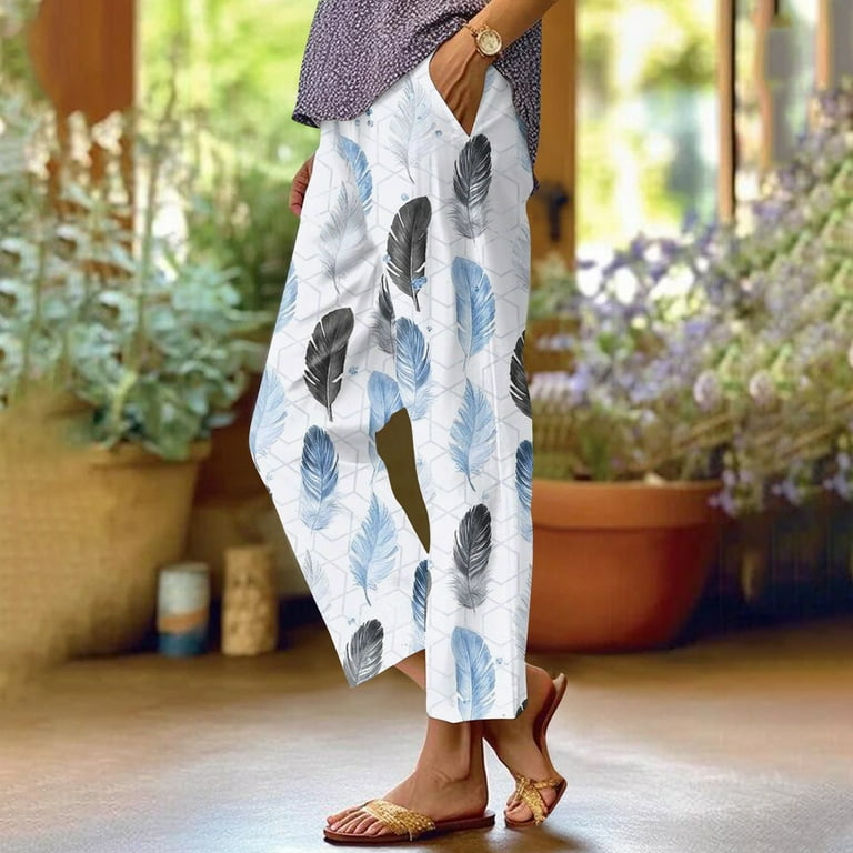 Huresd Womens Capris for Summer Loose Tummy Control High Waist Floral Print Vintage Wide Leg Summer Capri Pants Vacation Outfits Light Blue M