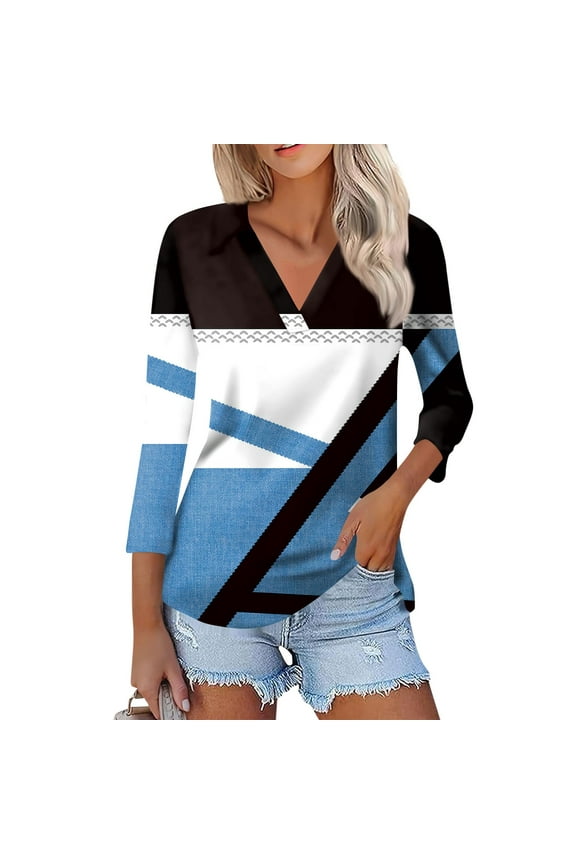Womens Golf Polo Shirts Color Block Quick-Dry Golf V Neck 3/4 Sleeve Shirt for Women Tees Blue L