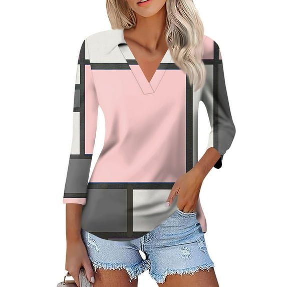Huresd Womens Golf Polo Shirts Color Block Quick-Dry Golf V Neck 3/4 Sleeve Shirt for Women Tees Pink L