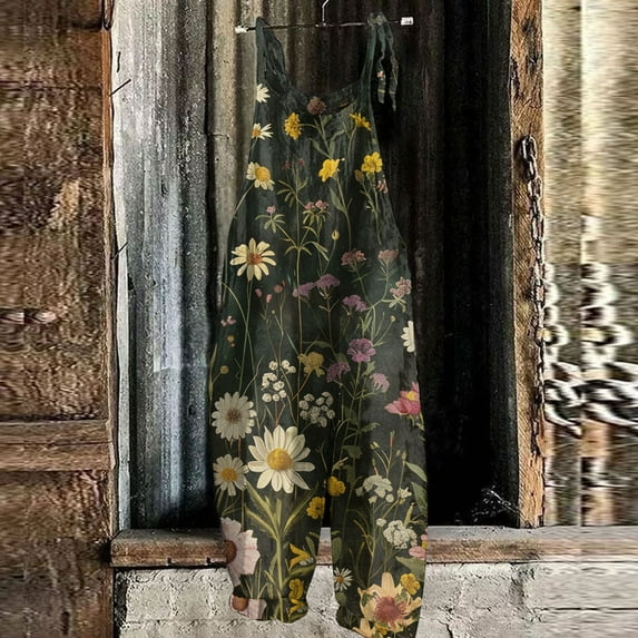 Huresd Womens Jumpsuits Casual Dressy Casual Loose Shoulder Strap Floral Long Rompers Sleeveless Long Pants Overalls Jumpers 2024 Clothes Dark Green 662XL