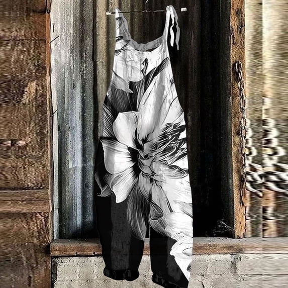 Huresd Womens Jumpsuits Casual Dressy Casual Loose Shoulder Strap Floral Print Long Rompers Sleeveless Long Pants Overalls Jumpers 2024 Clothes White 742XL