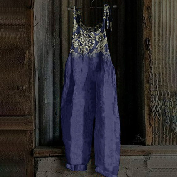 Huresd Womens Jumpsuits Casual Dressy Casual Loose Shoulder Strap Vintage Print Long Rompers Sleeveless Long Pants Overalls Jumpers 2024 Clothes Navy 784XL