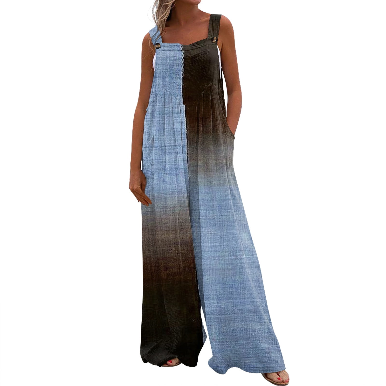 Huresd Womens Overalls Wide Leg Adjustable Strap Suspender Overalls Sleeveless Gradient Print