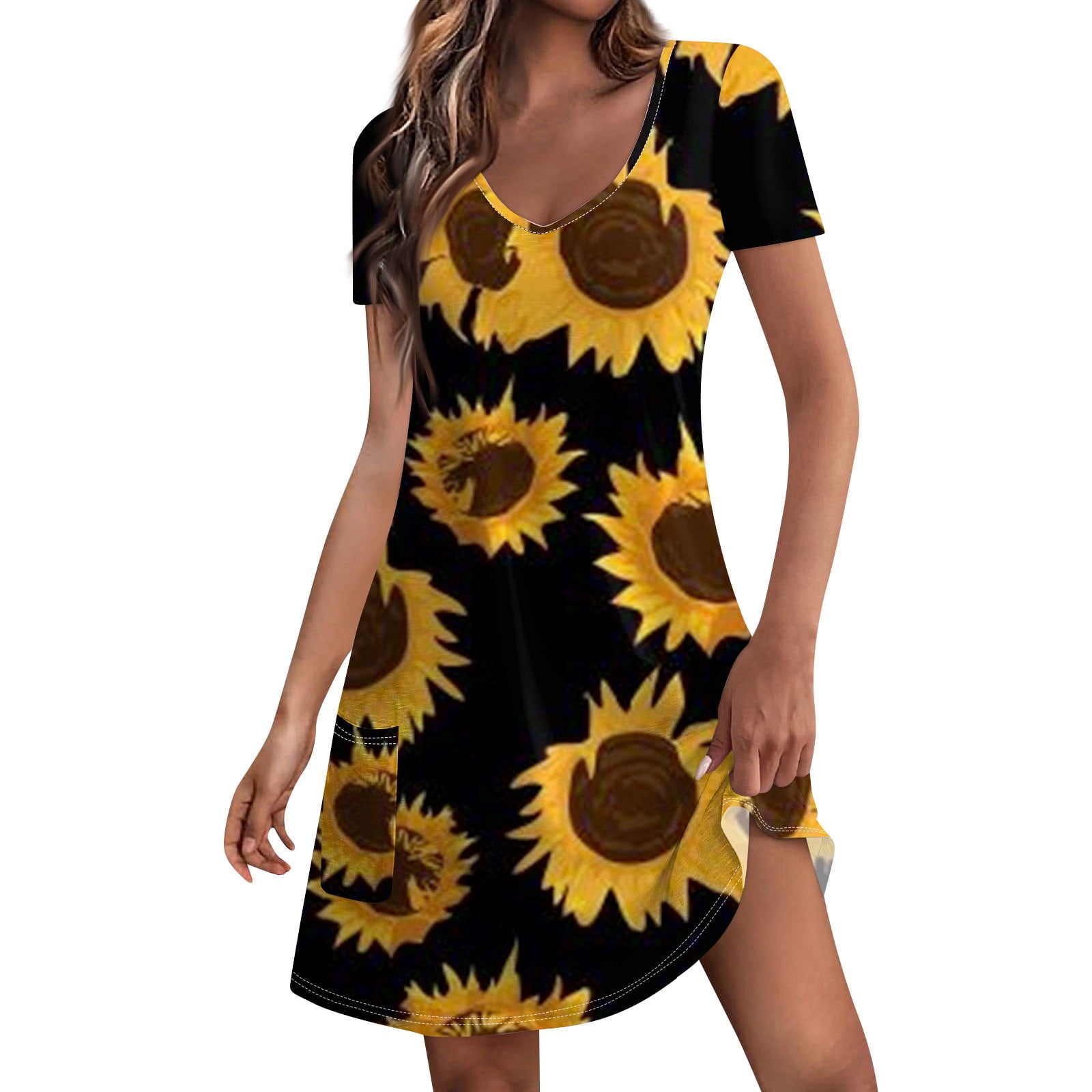 Huresd Womens Summer Mini Dress 2024 Sunflower A Line Boho Dress Casual ...