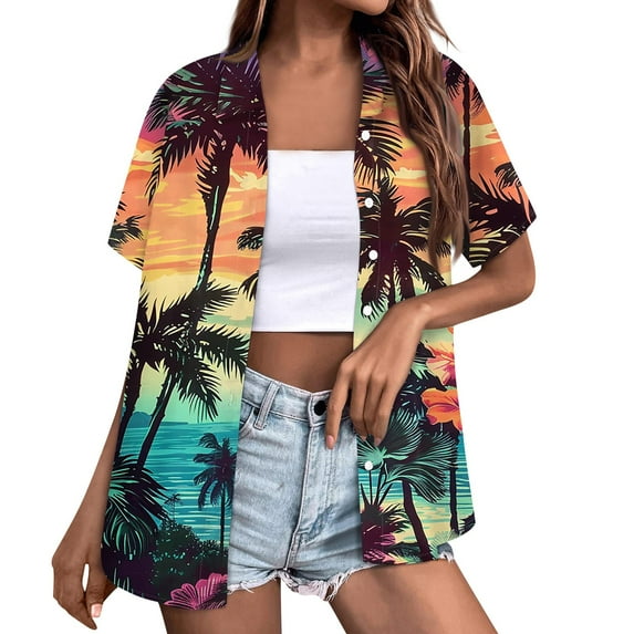Huresd Womens Tops Hawaiian Shirt Palm Tree Print Collar Blouses & Button-down Shirts Short Sleeve Summer Clothes for Women Orange M