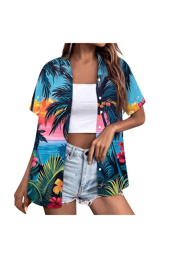 Huresd Womens Tops Palm Tree Print Hawaiian Shirt Collar Blouses & Button-down Shirts Short Sleeve Summer Tops for Women 2024 Sky Blue XL