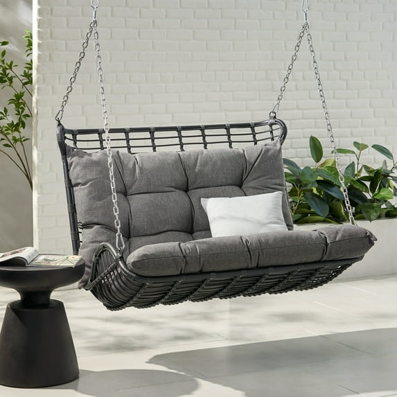 Hurlbut Wicker Outdoor Porch Swing with Cushions, Gray and Dark Gray
